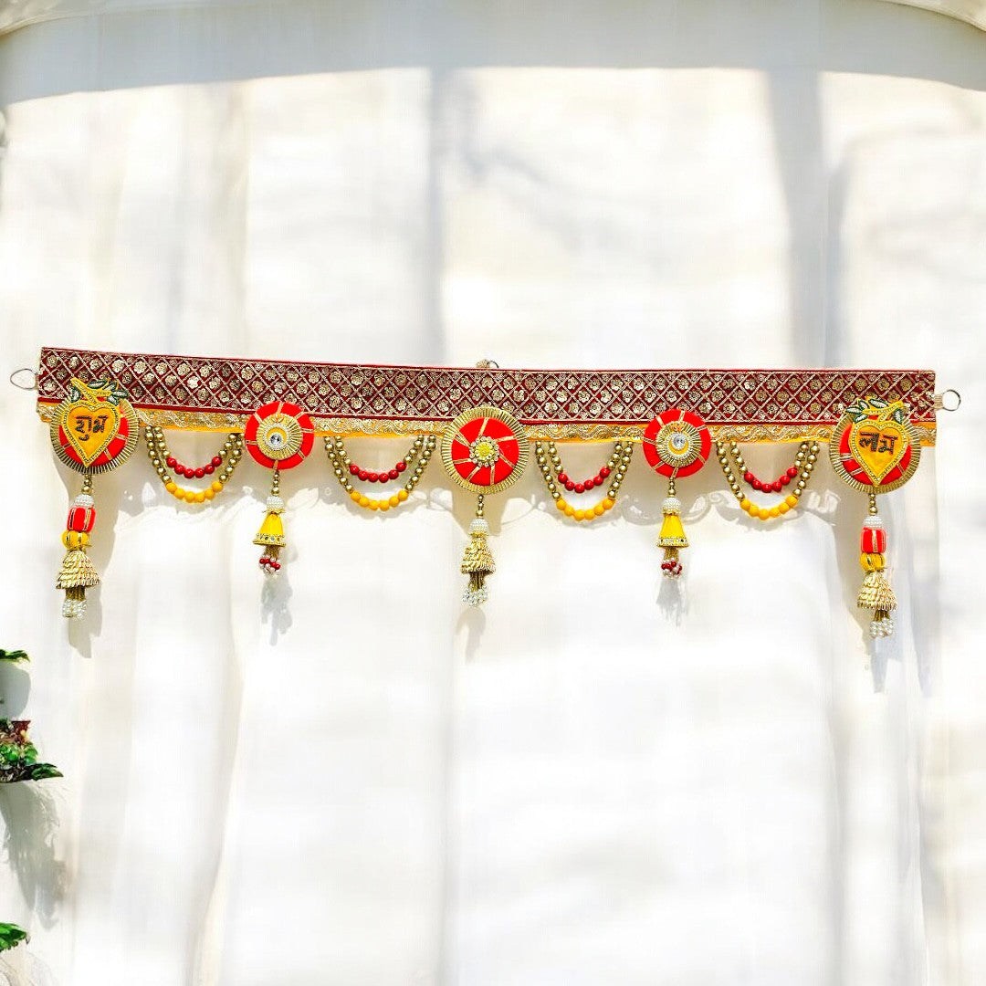 Shubh Labh Red-Golden Beaded Toran for Door Decoration SP-T05