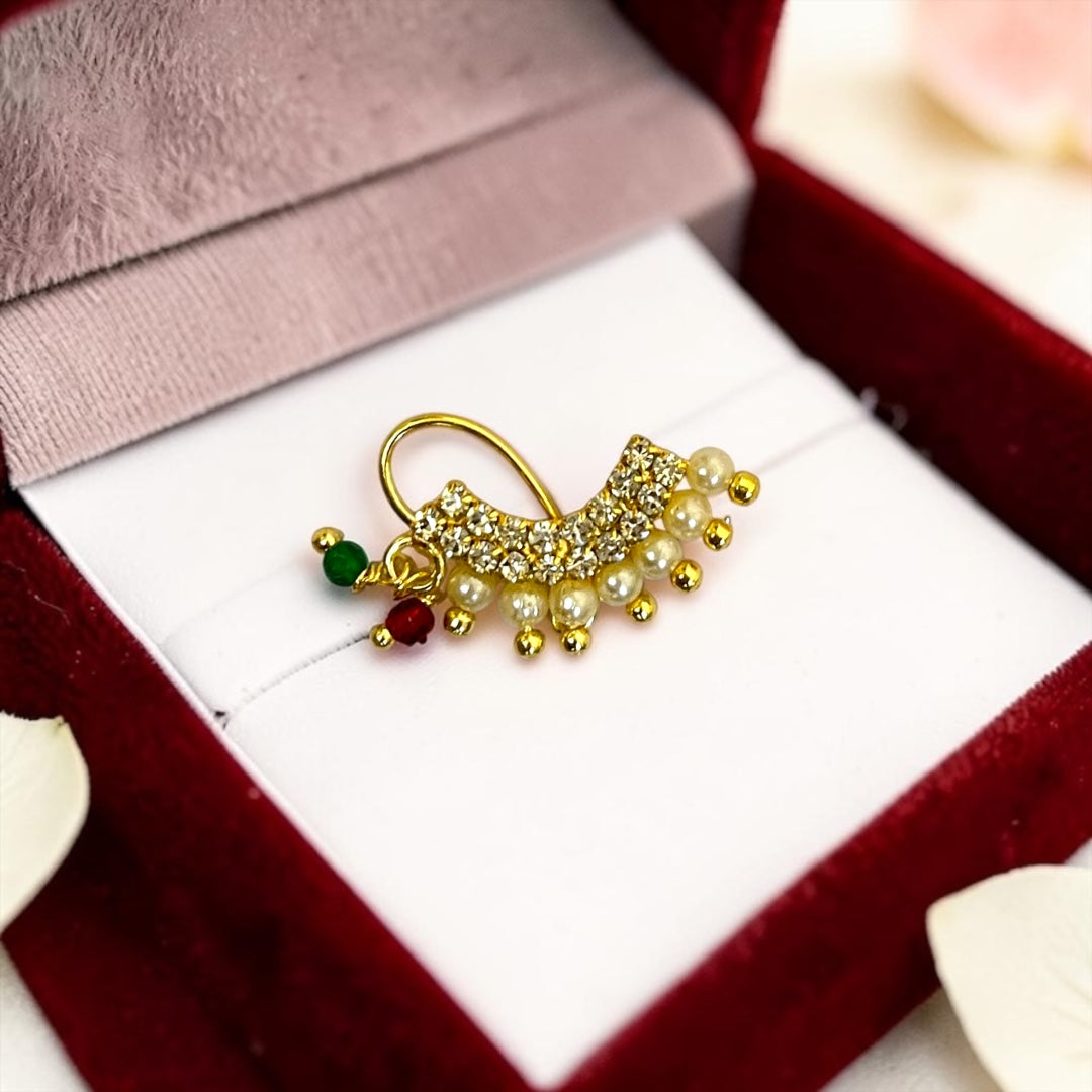Premium Traditional Maharashtrian Banu Nath (SPC-711) – Exquisite Pearl & Ruby Bridal Press-On Nath