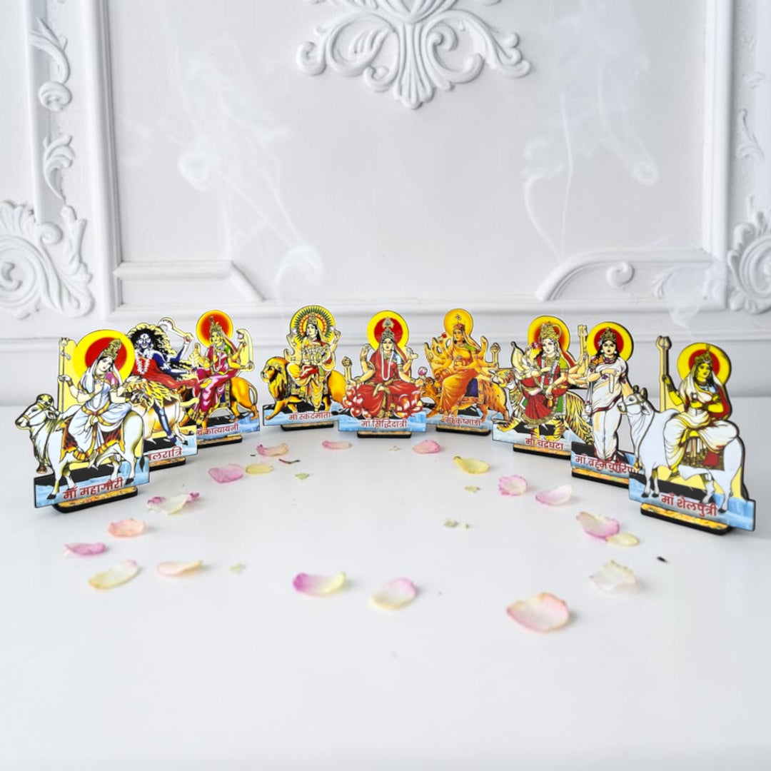 Navratri Special 9 Durga Swaroop Wooden MDF Cutouts (14 CM) – Premium Navdurga Idol Set for Mandir Decor & Puja