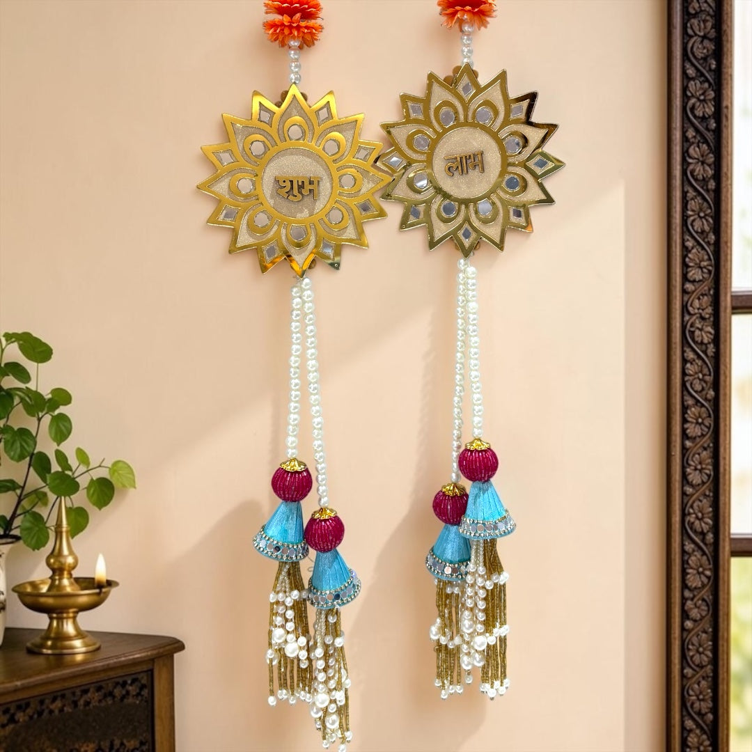 🪔 Golden Sunburst Shubh Labh Door Side Hangings with Sky-Blue & Magenta Tassels (Set of 2) | Code: SP-DH22