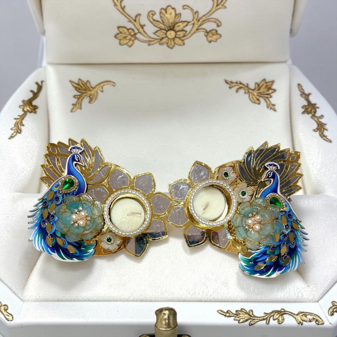 ✨ Royal 5.5" Peacock & Floral Meenakari Style Tealight Deepak (Pair / Set of 2) - SP-DH8