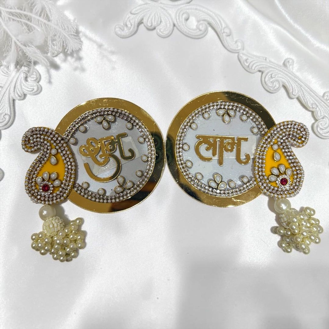 ✨ Royal Golden Acrylic Shubh Labh Hanging Pair with Paisley Motif & Pearl Jhumkis (SP-D20)