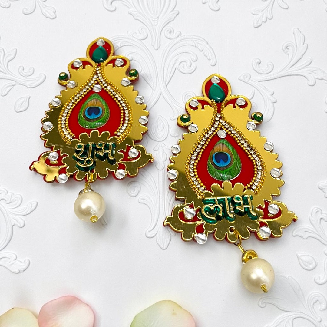 🦚 Royal Peacock Feather Shubh Labh Door Hangings (Set of 2) | Code: SP-DH38