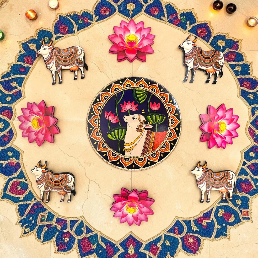 πͺ Elegant Pichwai Cow & Lotus MDF Rangoli Set (SP-DH37) - Reusable Festive Floor Decor