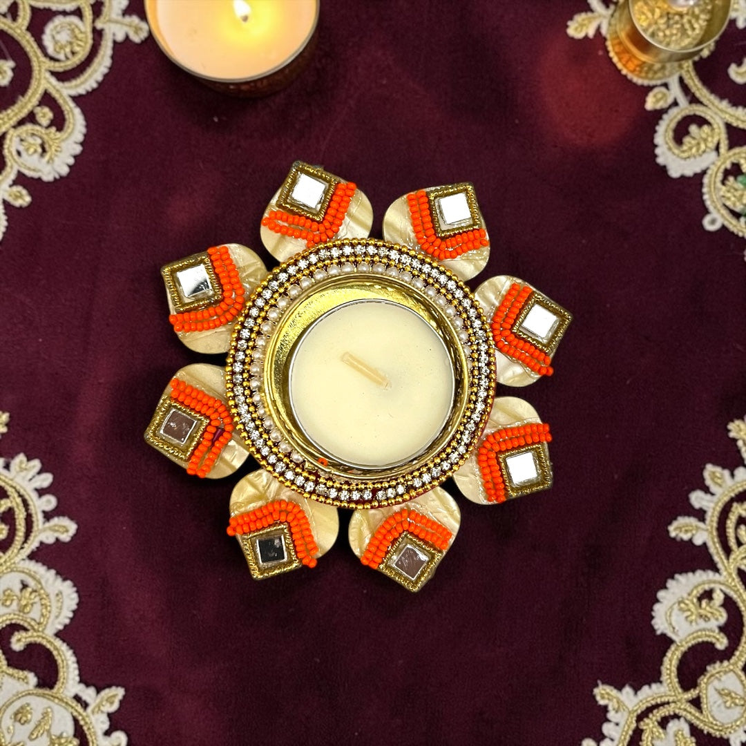 ✨ Handcrafted 4" Ethnic Mirror & Bead Studded Tealight Deepak - SP-DH17
