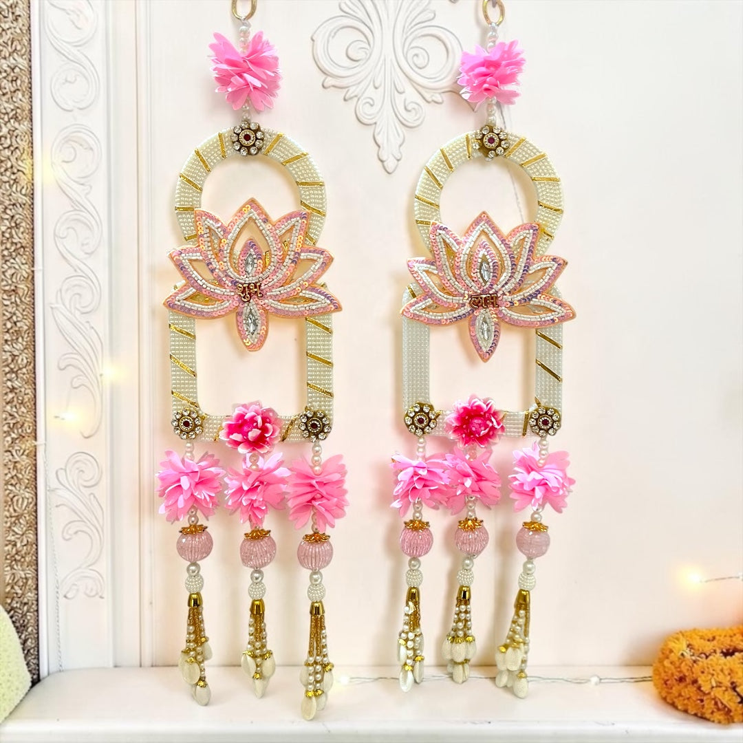 🌸 Shri Poshak Pastel Pink Sequin Lotus & Shubh Labh Decorative Door Hanging Set (SP-DH39)