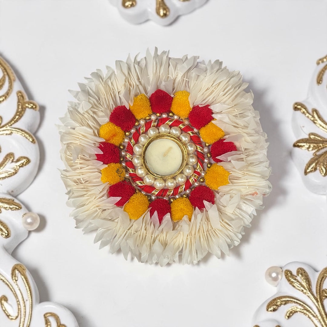 🪔 Handcrafted Pearl & Floral Decorative Diwali Diya Plate - 8 Inch | Model: SP-DH47