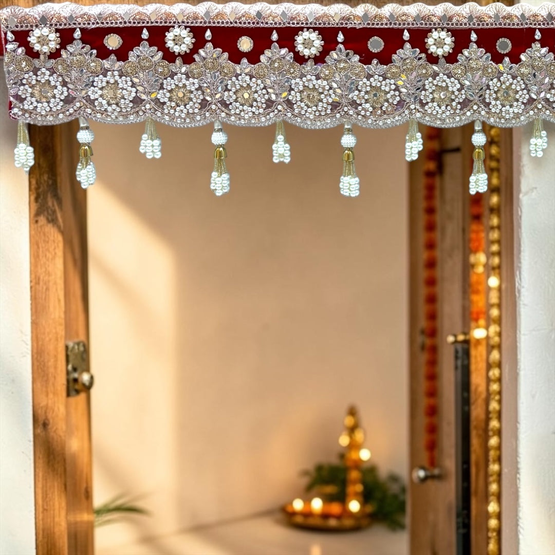 Shri Poshak Premium Royal Red Velvet Door Toran with Pearl Drops & Zardozi Embroidery SPT-32 (42 Inches)
