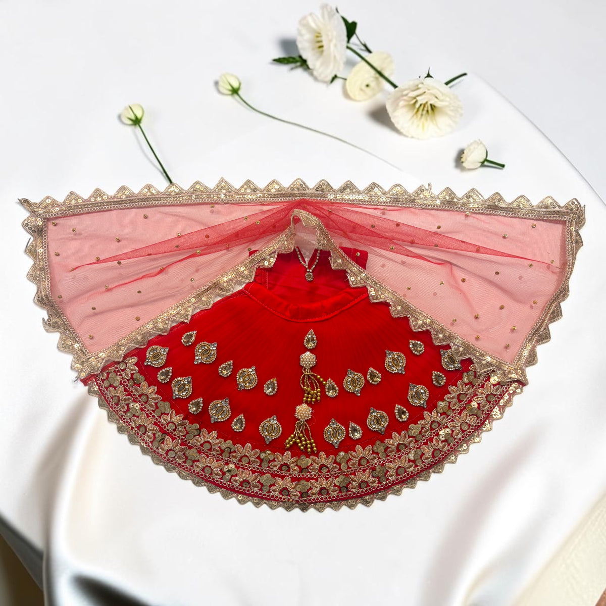 Exquisite Navratri Special Mata Rani Red Net Poshak 3-Piece Set (Lehenga, Blouse & Chunri) with Unique Butti Work – Code: SP-169