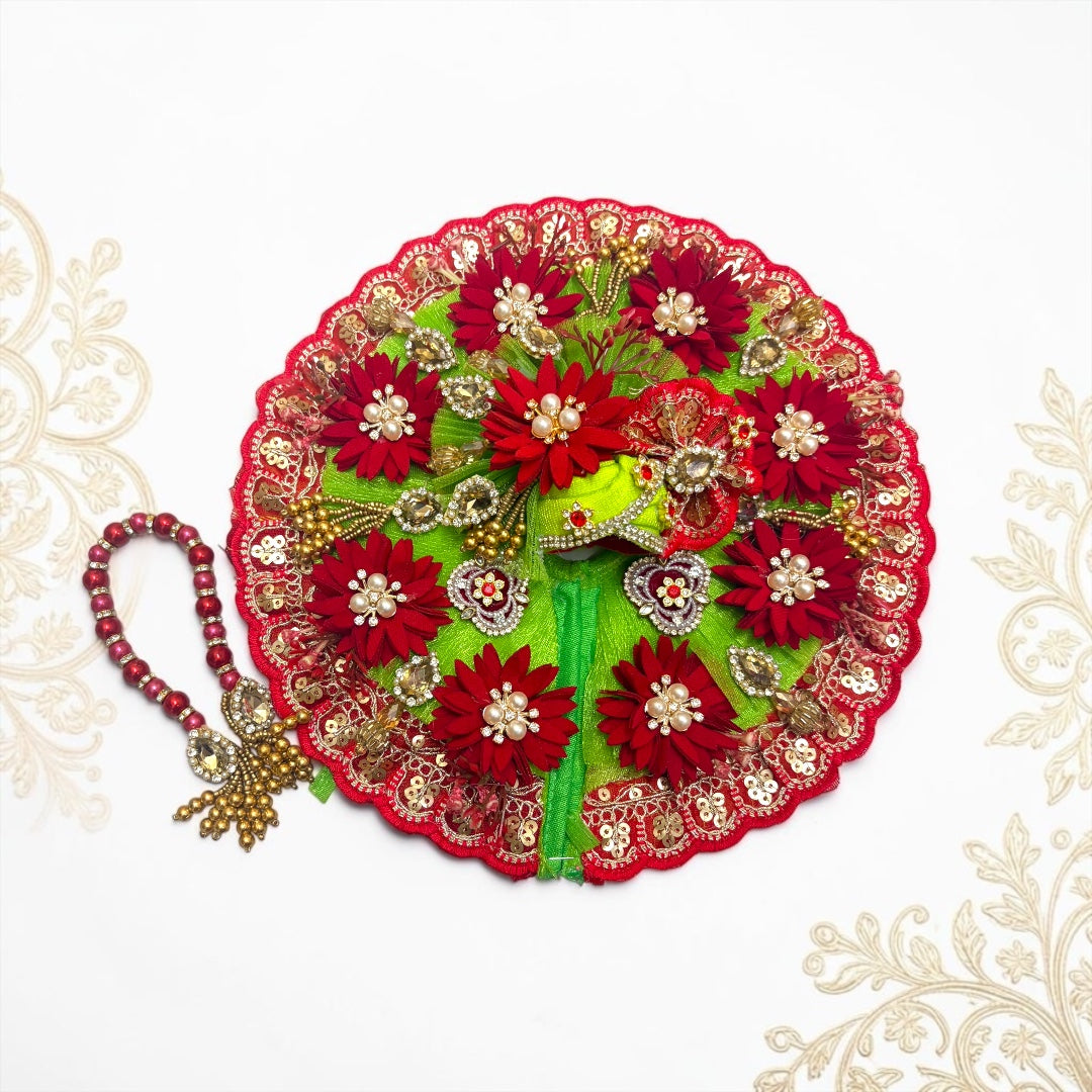 Premium Janmashtami Special Laddu Gopal Ji Heavy Designer Poshak SP-I34 - Vibrant Green & Royal Red Floral Edition