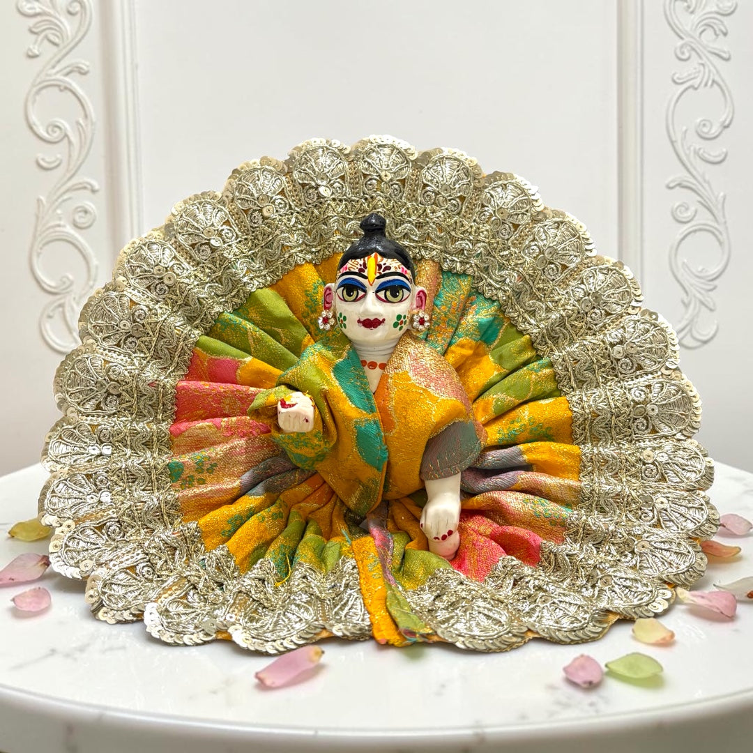 Shri Poshak Premium Multi-Color Silk Brocade Laddu Gopal Ji Dress with Heavy Gold Sequined Border SP-177