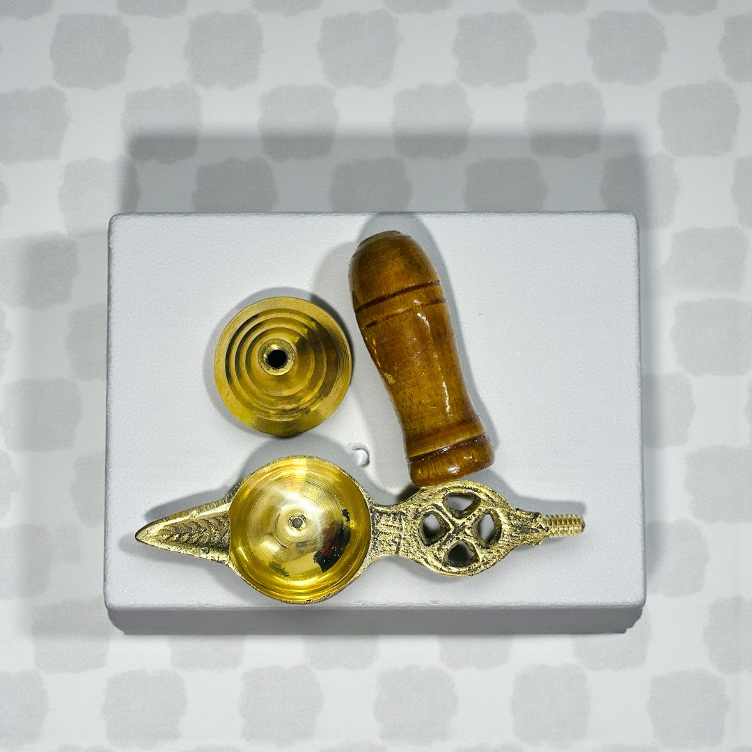 Elegant Standing Brass Aarti Diya with Heat-Resistant Wooden Handle