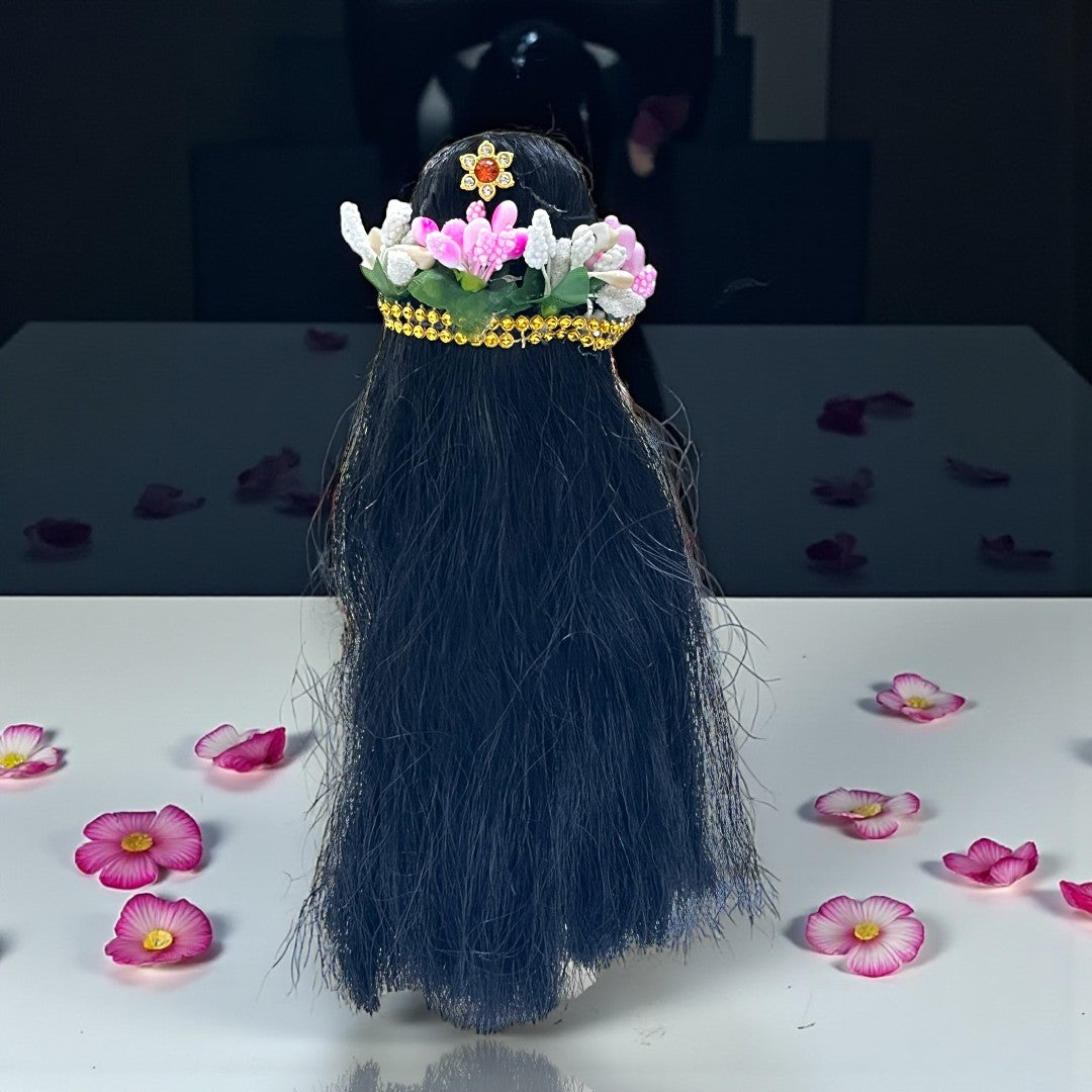 Designer Straight Hair Extension with Floral Tiara for Deities