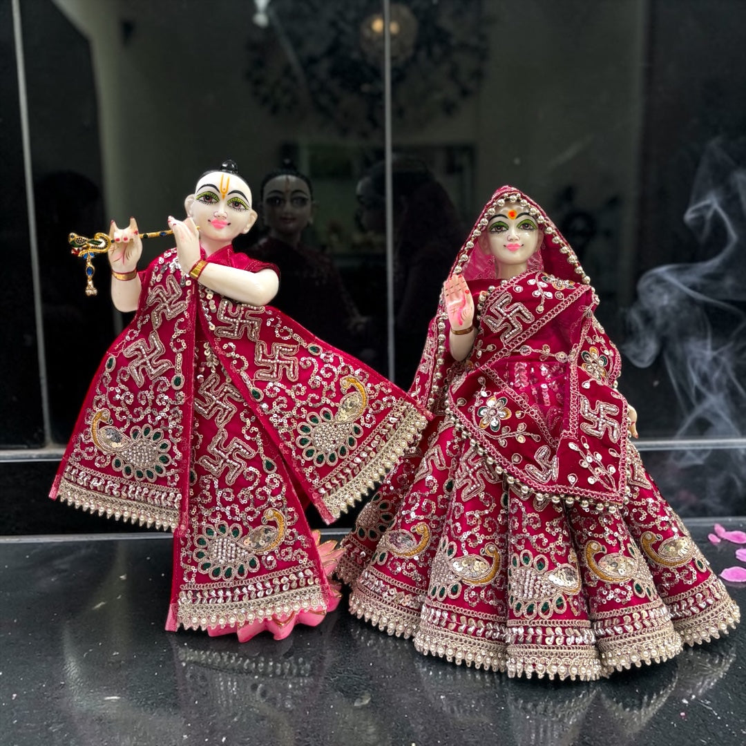 Shri Poshak Premium Velvet Radha Krishna Poshak Set (SP-I07) – Heavy Peacock & Swastik Zardozi Embroidery with Patka & Dupatta