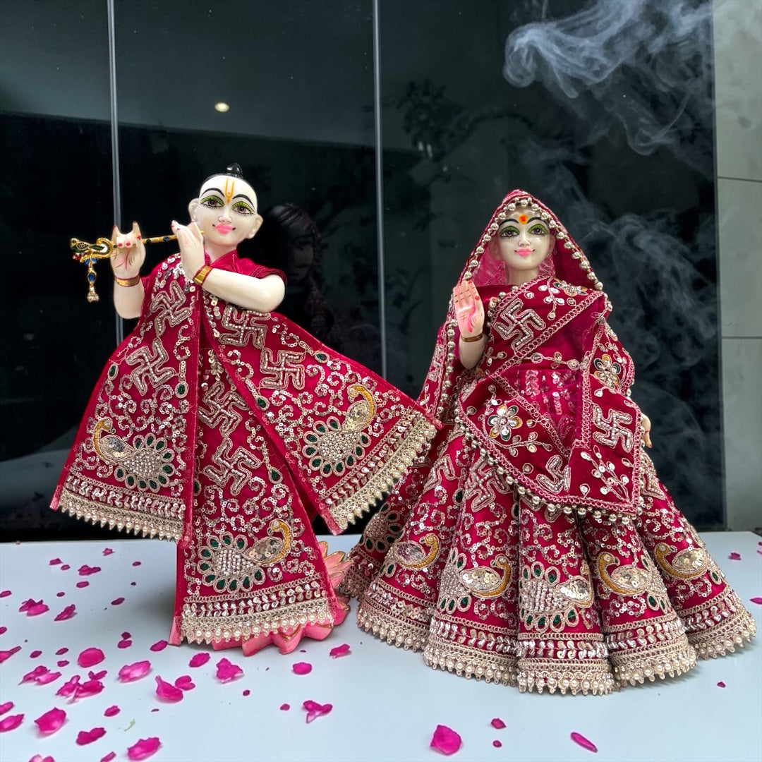 Shri Poshak Premium Velvet Radha Krishna Poshak Set (SP-I07) – Heavy Peacock & Swastik Zardozi Embroidery with Patka & Dupatta
