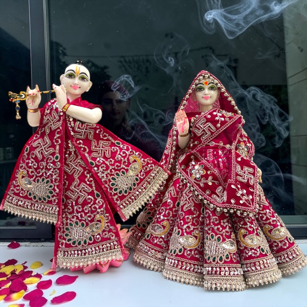 Shri Poshak Premium Velvet Radha Krishna Poshak Set (SP-I07) – Heavy Peacock & Swastik Zardozi Embroidery with Patka & Dupatta
