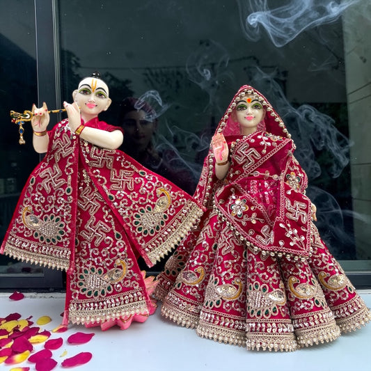 Shri Poshak Premium Velvet Radha Krishna Poshak Set (SP-I07) – Heavy Peacock & Swastik Zardozi Embroidery with Patka & Dupatta