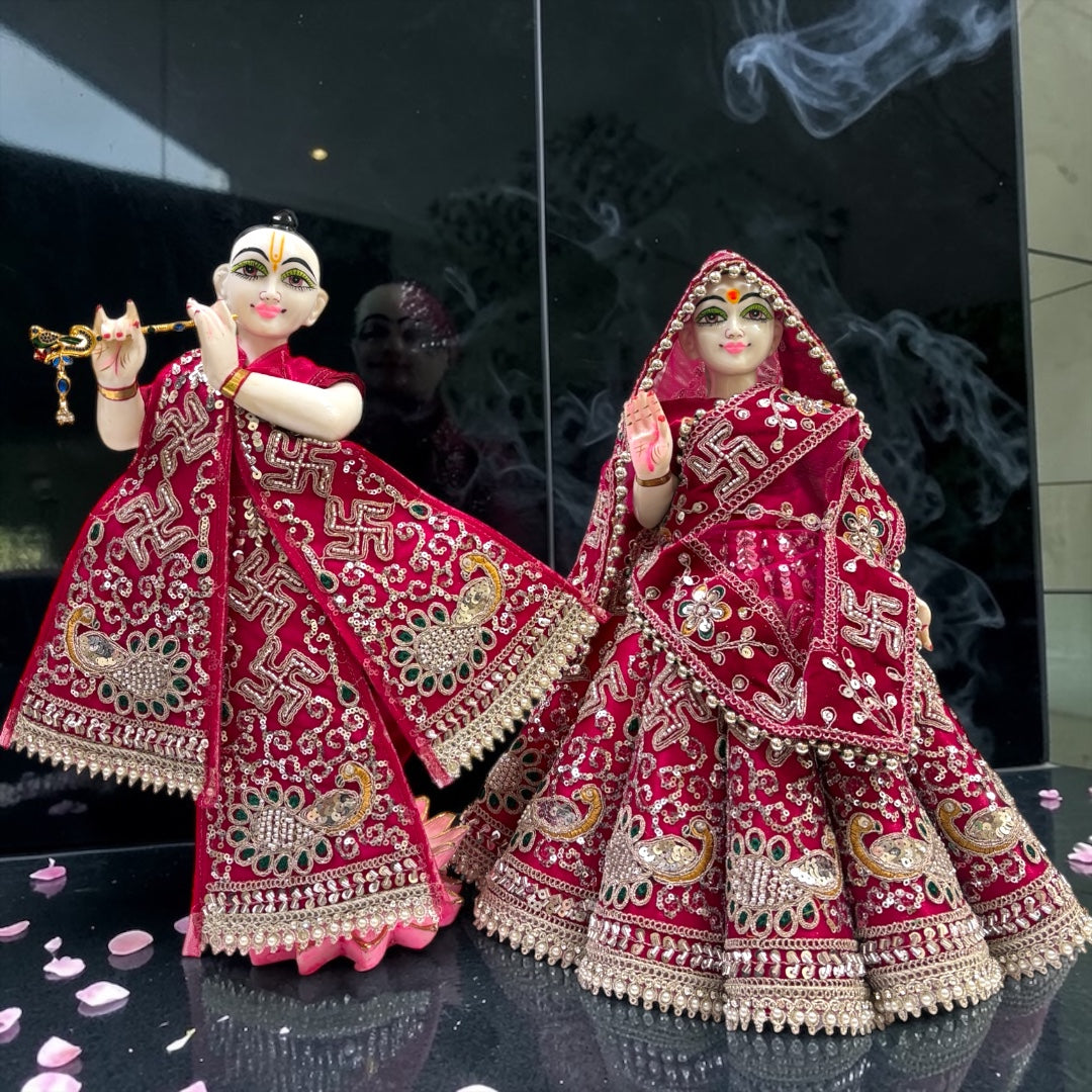 Shri Poshak Premium Velvet Radha Krishna Poshak Set (SP-I07) – Heavy Peacock & Swastik Zardozi Embroidery with Patka & Dupatta