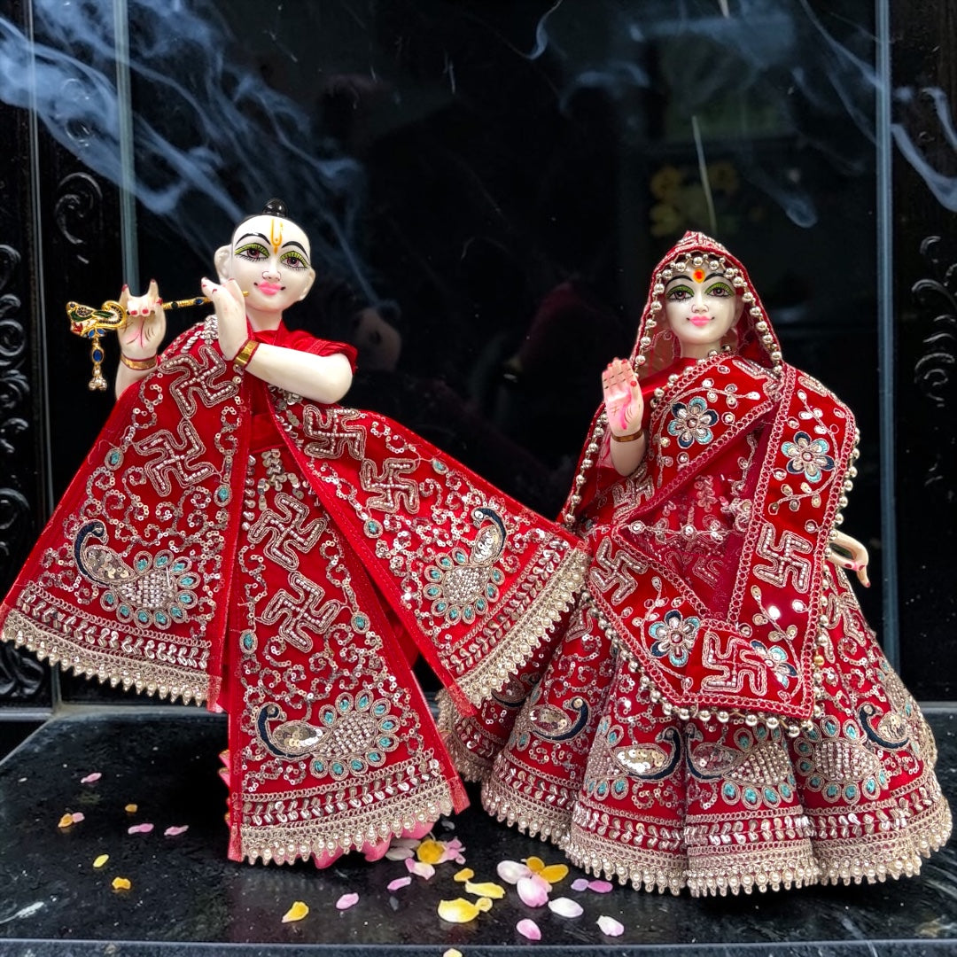 Shri Poshak Premium Velvet Radha Krishna Poshak Set (SP-I07) – Heavy Peacock & Swastik Zardozi Embroidery with Patka & Dupatta
