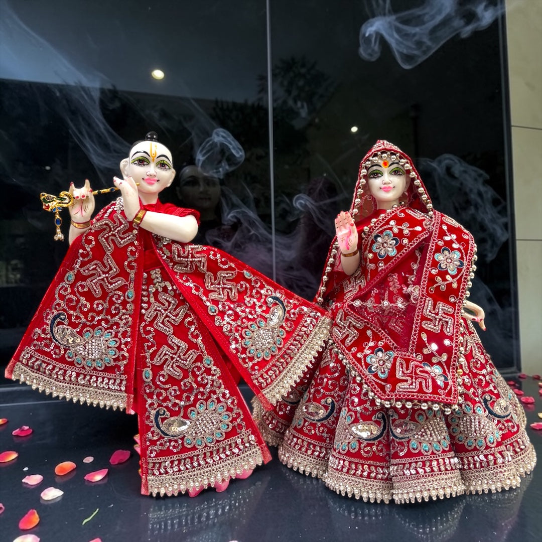Shri Poshak Premium Velvet Radha Krishna Poshak Set (SP-I07) – Heavy Peacock & Swastik Zardozi Embroidery with Patka & Dupatta