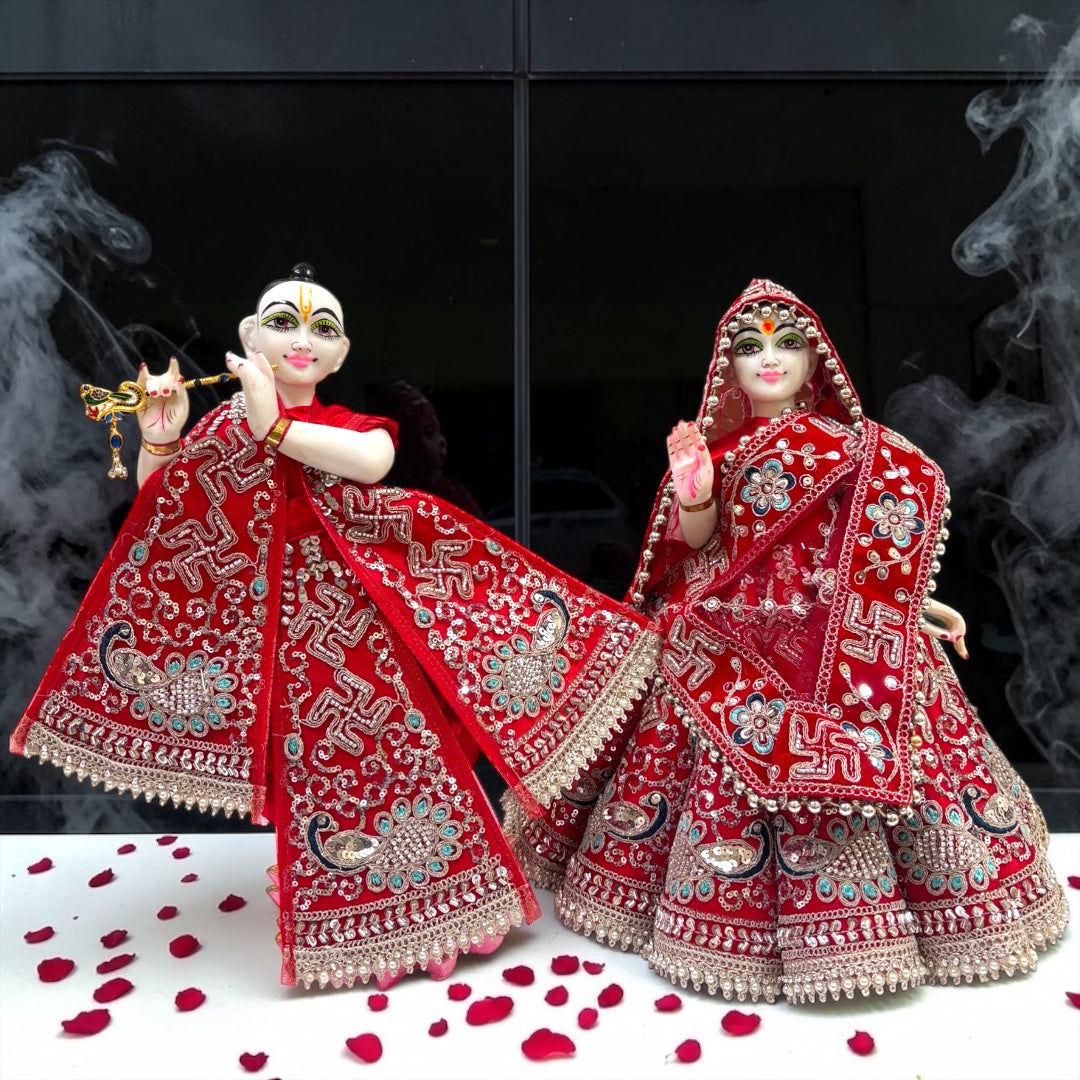 Shri Poshak Premium Velvet Radha Krishna Poshak Set (SP-I07) – Heavy Peacock & Swastik Zardozi Embroidery with Patka & Dupatta