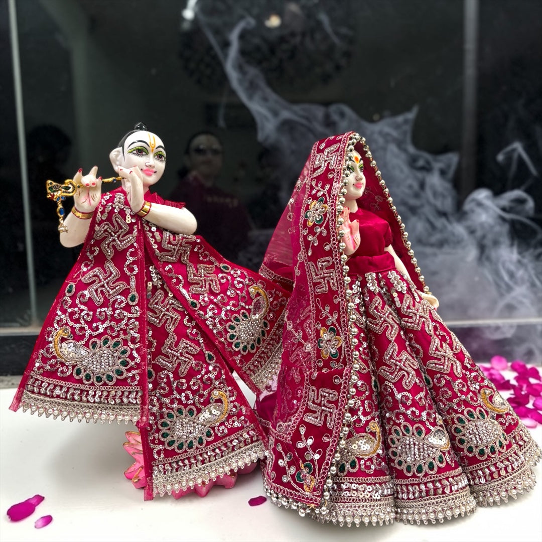 Shri Poshak Premium Velvet Radha Krishna Poshak Set (SP-I07) – Heavy Peacock & Swastik Zardozi Embroidery with Patka & Dupatta