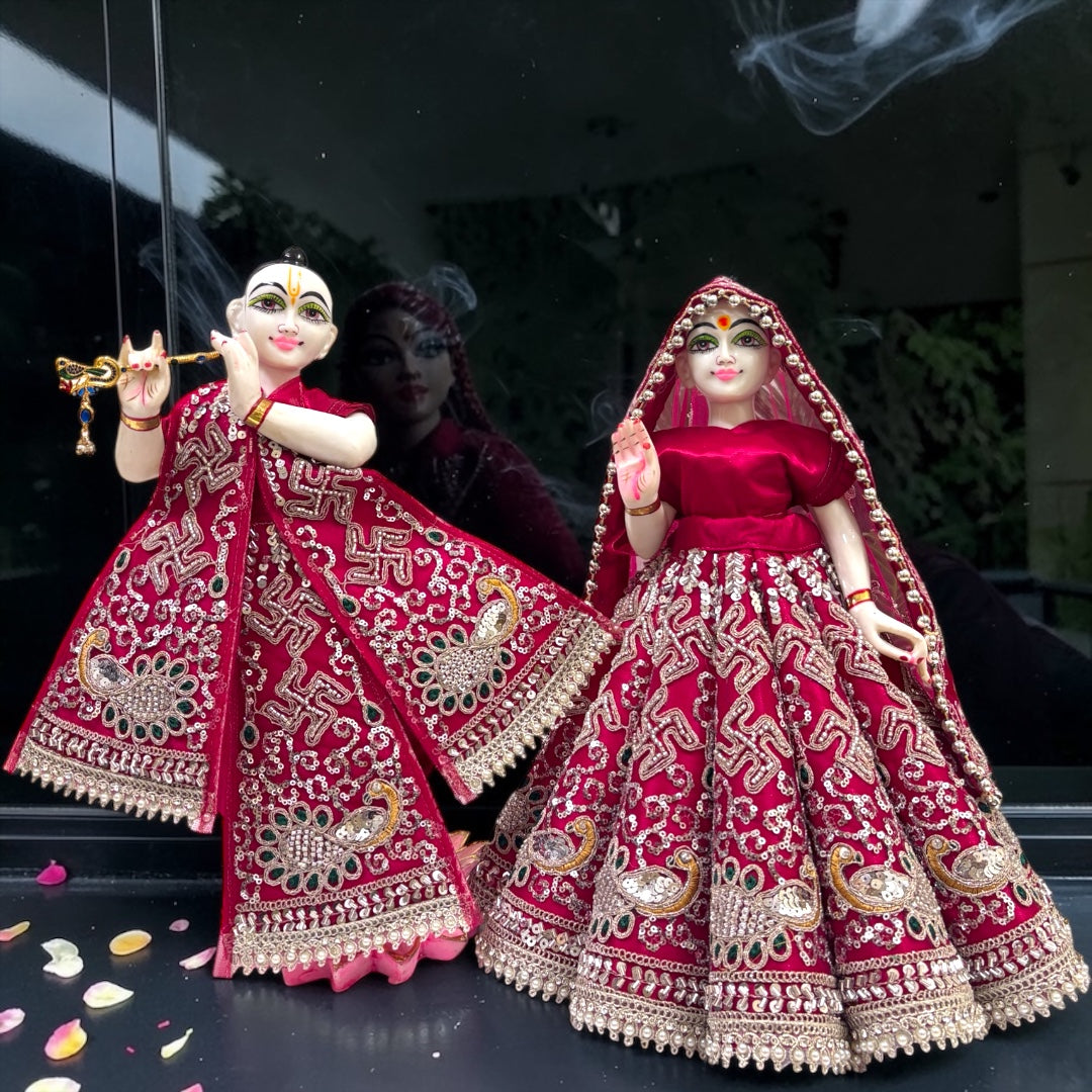 Shri Poshak Premium Velvet Radha Krishna Poshak Set (SP-I07) – Heavy Peacock & Swastik Zardozi Embroidery with Patka & Dupatta