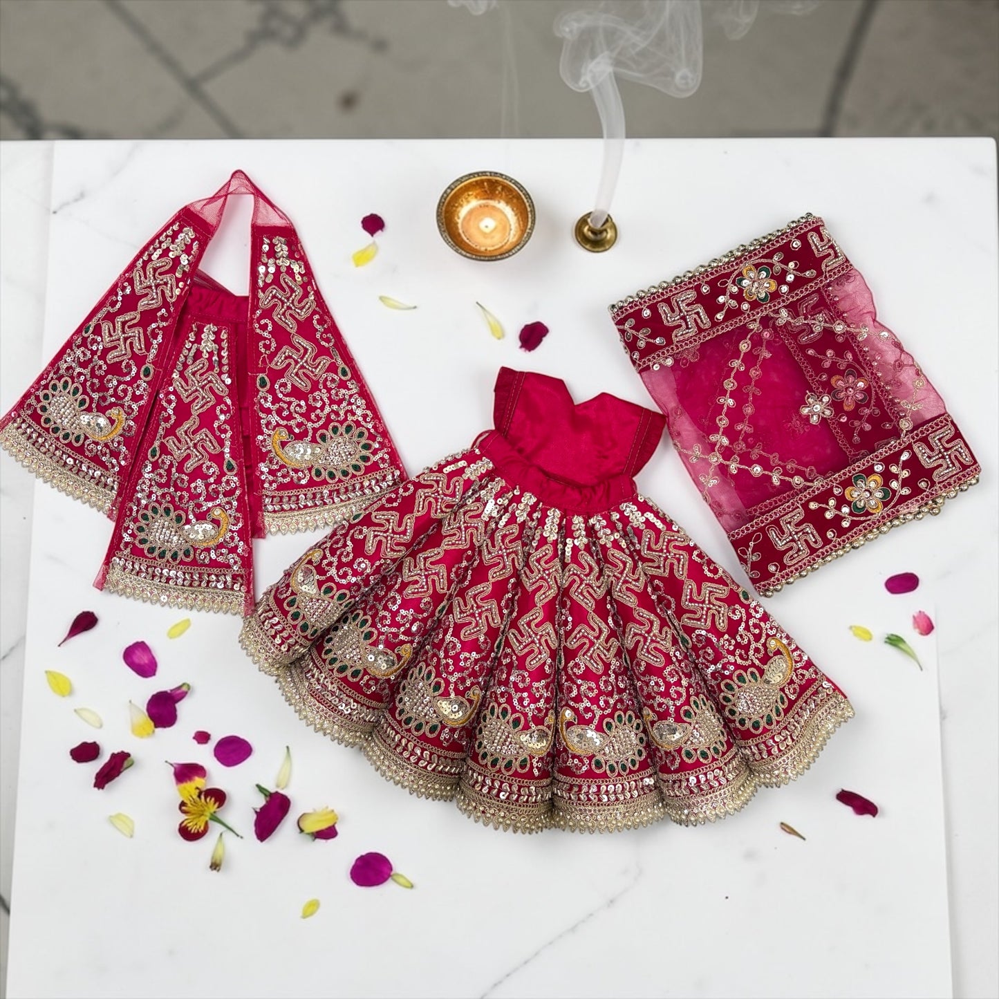 Shri Poshak Premium Velvet Radha Krishna Poshak Set (SP-I07) – Heavy Peacock & Swastik Zardozi Embroidery with Patka & Dupatta