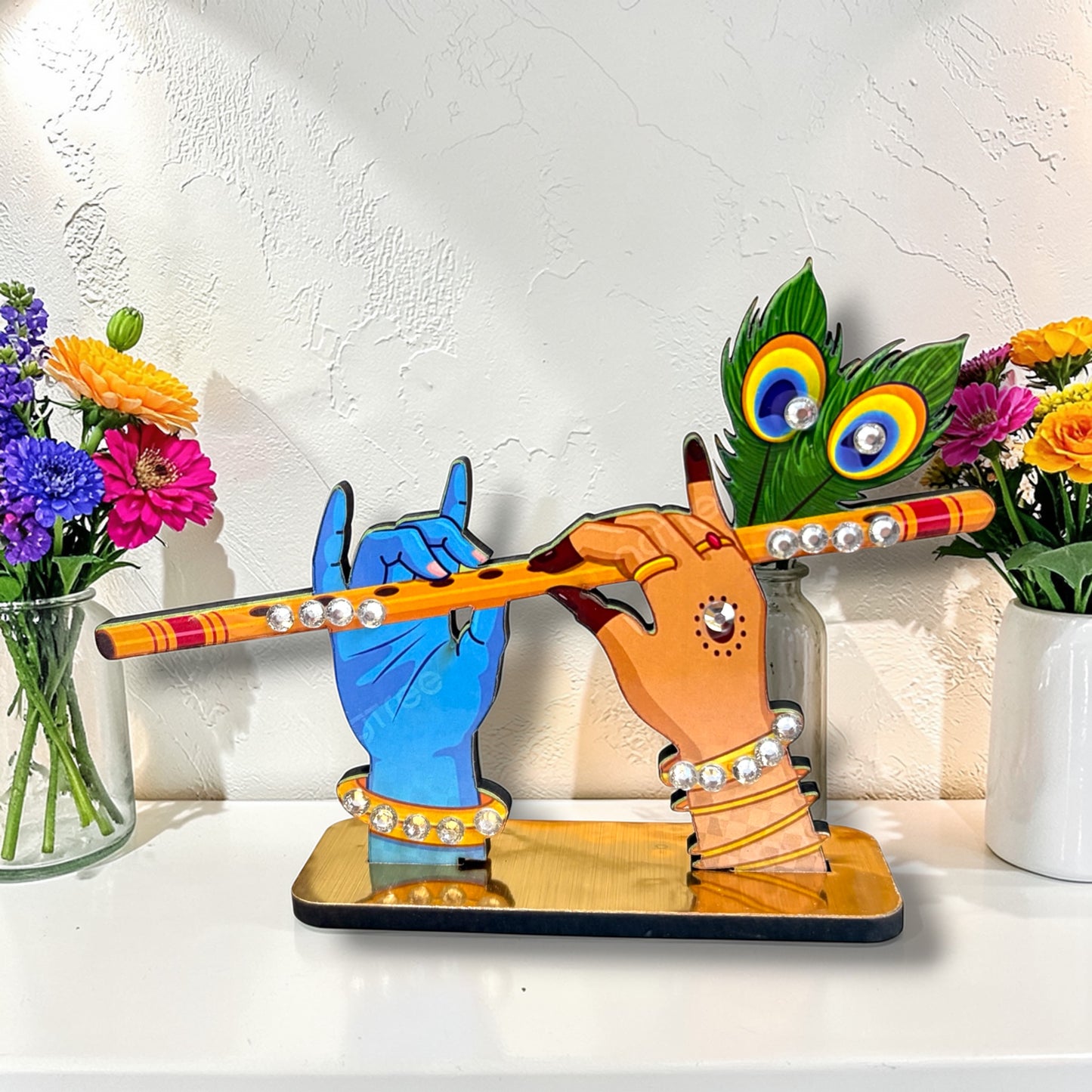 The Divine Yugal-Sangeet Flute Stand – Premium 4" MDF Hand-Painted Table & Dashboard Decor