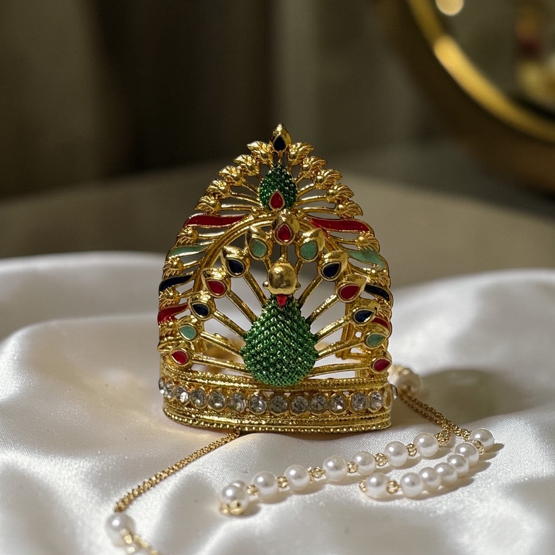 Premium Metal Peacock Mukut M-121 – Gold-Plated Deity Crown with Crystals & Meenakari Work for Laddu Gopal, & Idols
