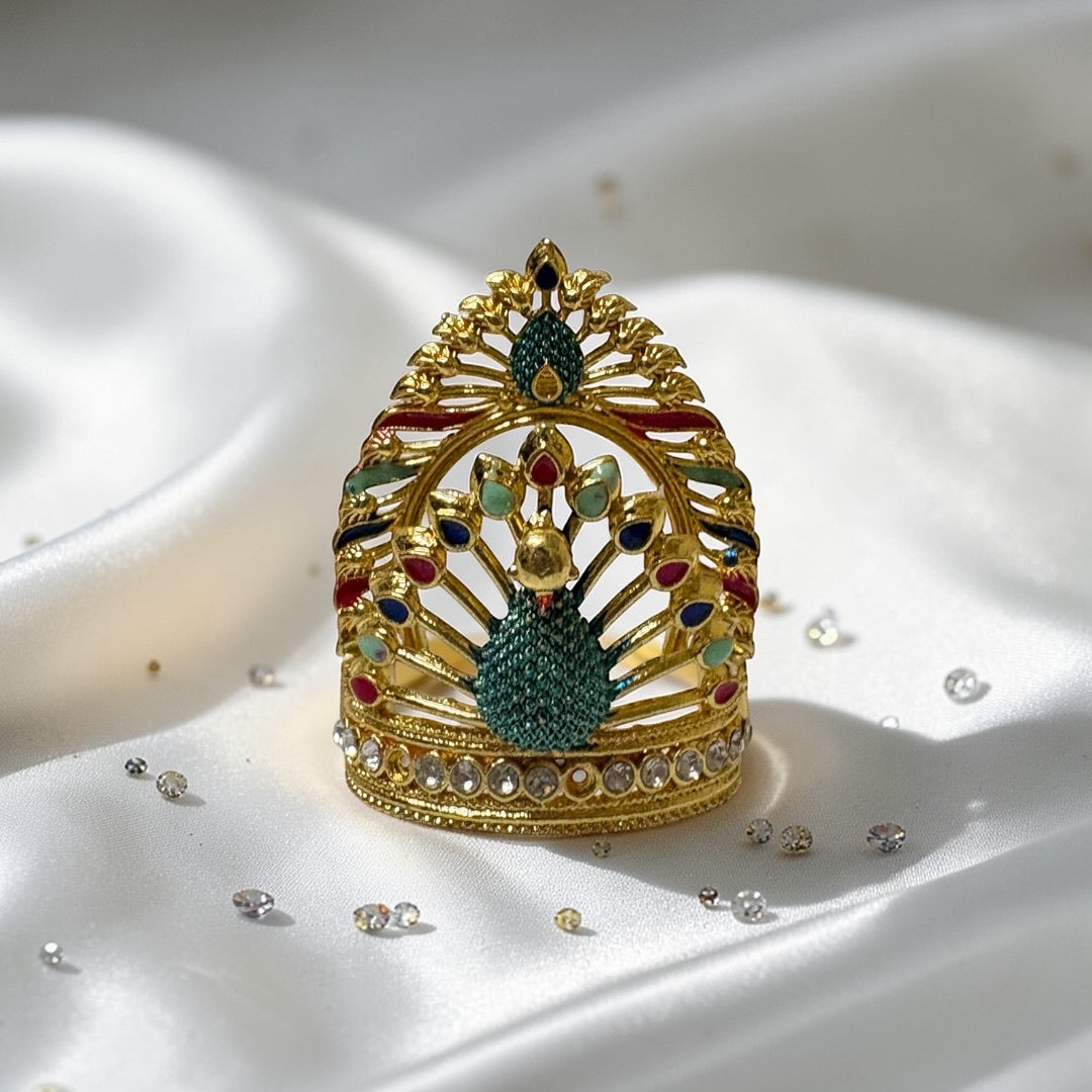 Premium Metal Peacock Mukut M-121 – Gold-Plated Deity Crown with Crystals & Meenakari Work for Laddu Gopal, & Idols
