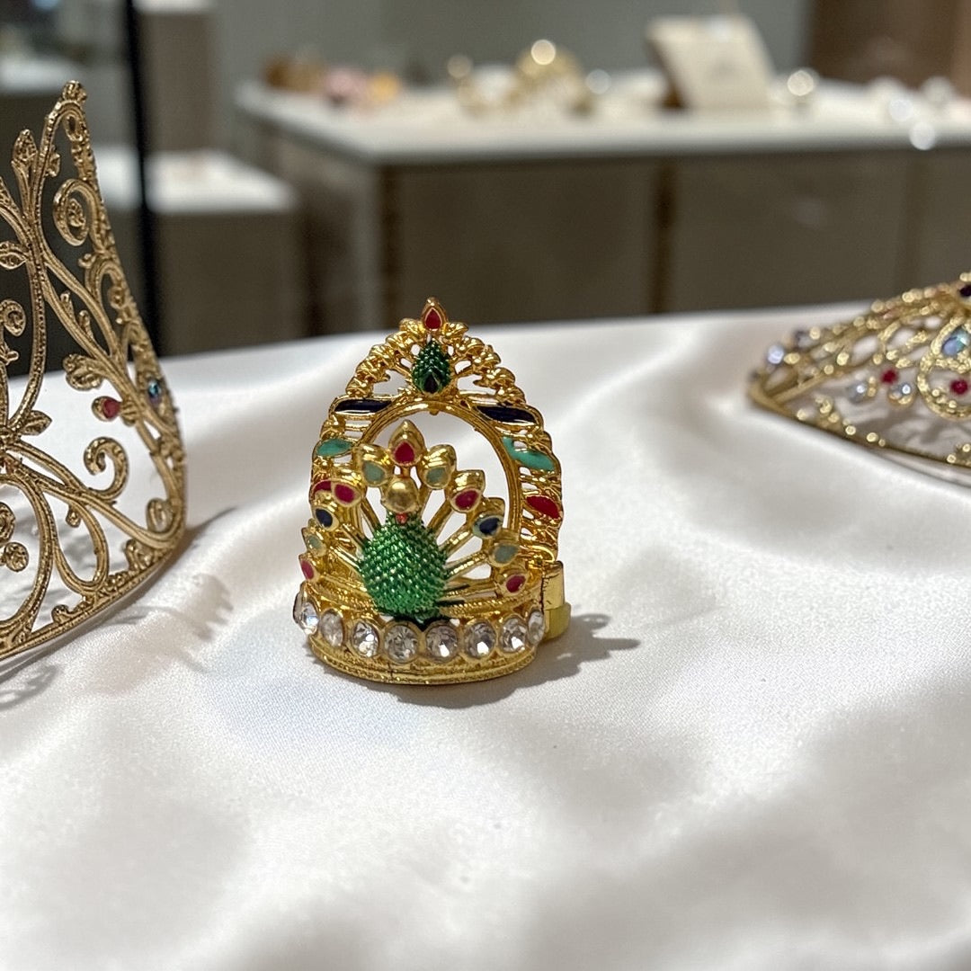 Premium Metal Peacock Mukut M-121 – Gold-Plated Deity Crown with Crystals & Meenakari Work for Laddu Gopal, & Idols