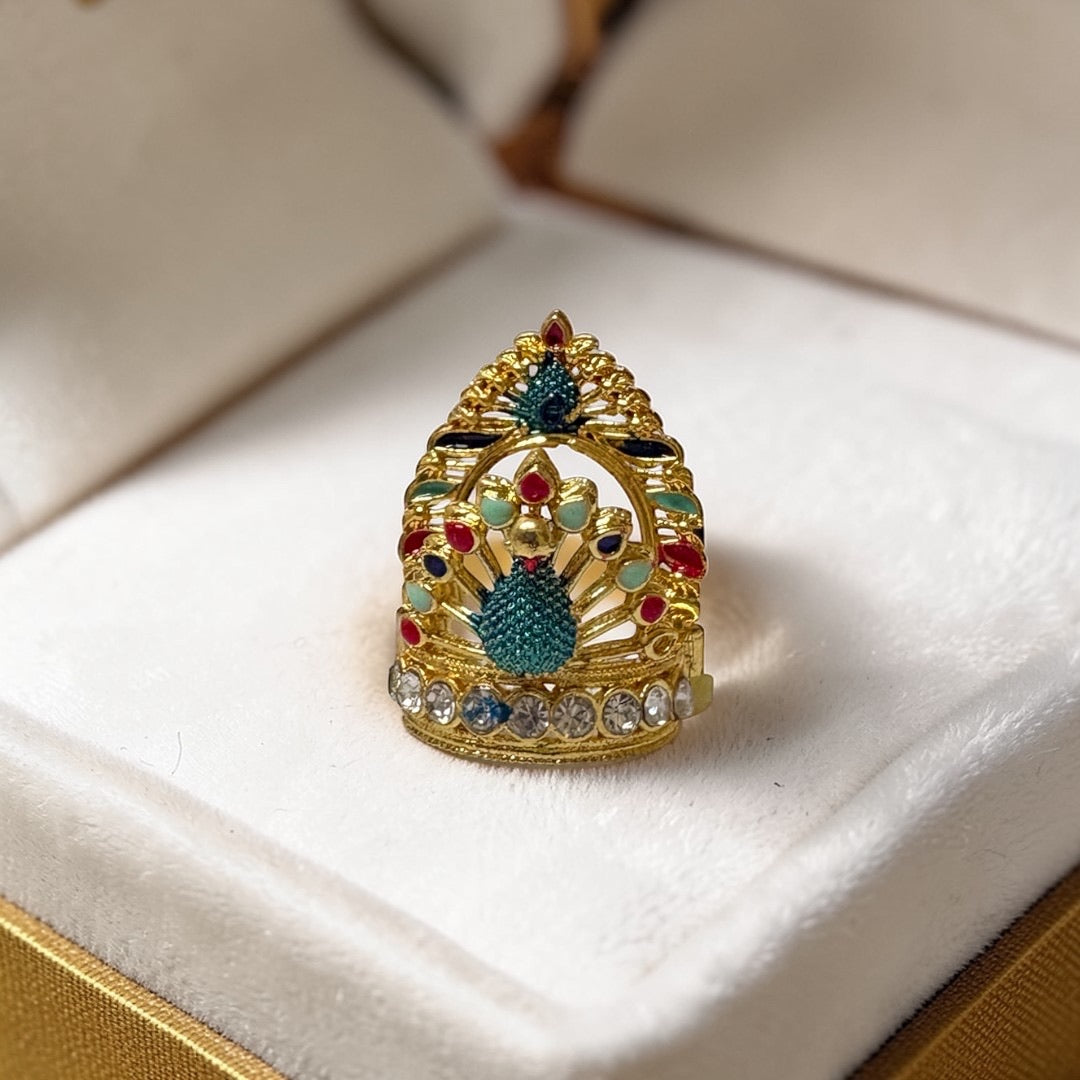 Premium Metal Peacock Mukut M-121 – Gold-Plated Deity Crown with Crystals & Meenakari Work for Laddu Gopal, & Idols