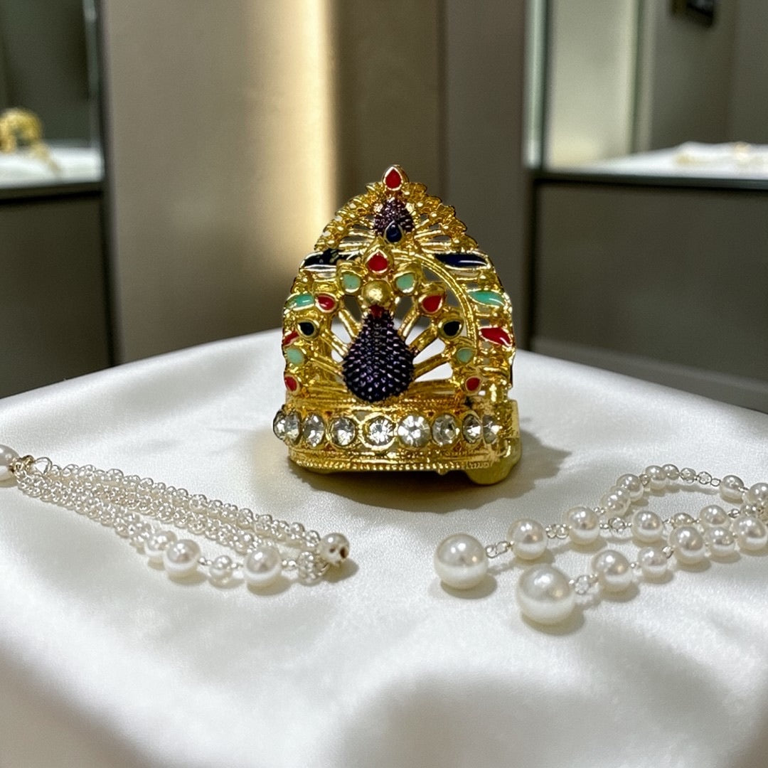Premium Metal Peacock Mukut M-121 – Gold-Plated Deity Crown with Crystals & Meenakari Work for Laddu Gopal, & Idols