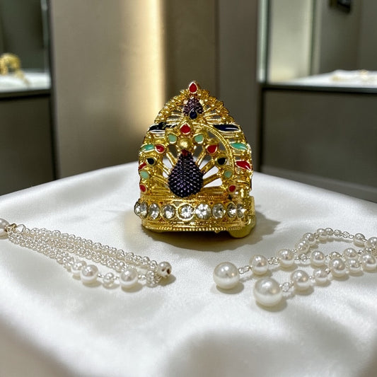 Premium Metal Peacock Mukut M-121 – Gold-Plated Deity Crown with Crystals & Meenakari Work for Laddu Gopal, & Idols