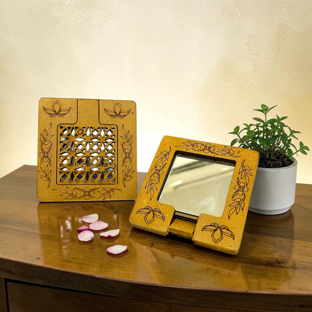 Divine Wooden Folding Mirror SPC-621 by Shri Poshak – Intricate Laser Cut Jali Cover for Puja Mandir & Laddu Gopal Makeup