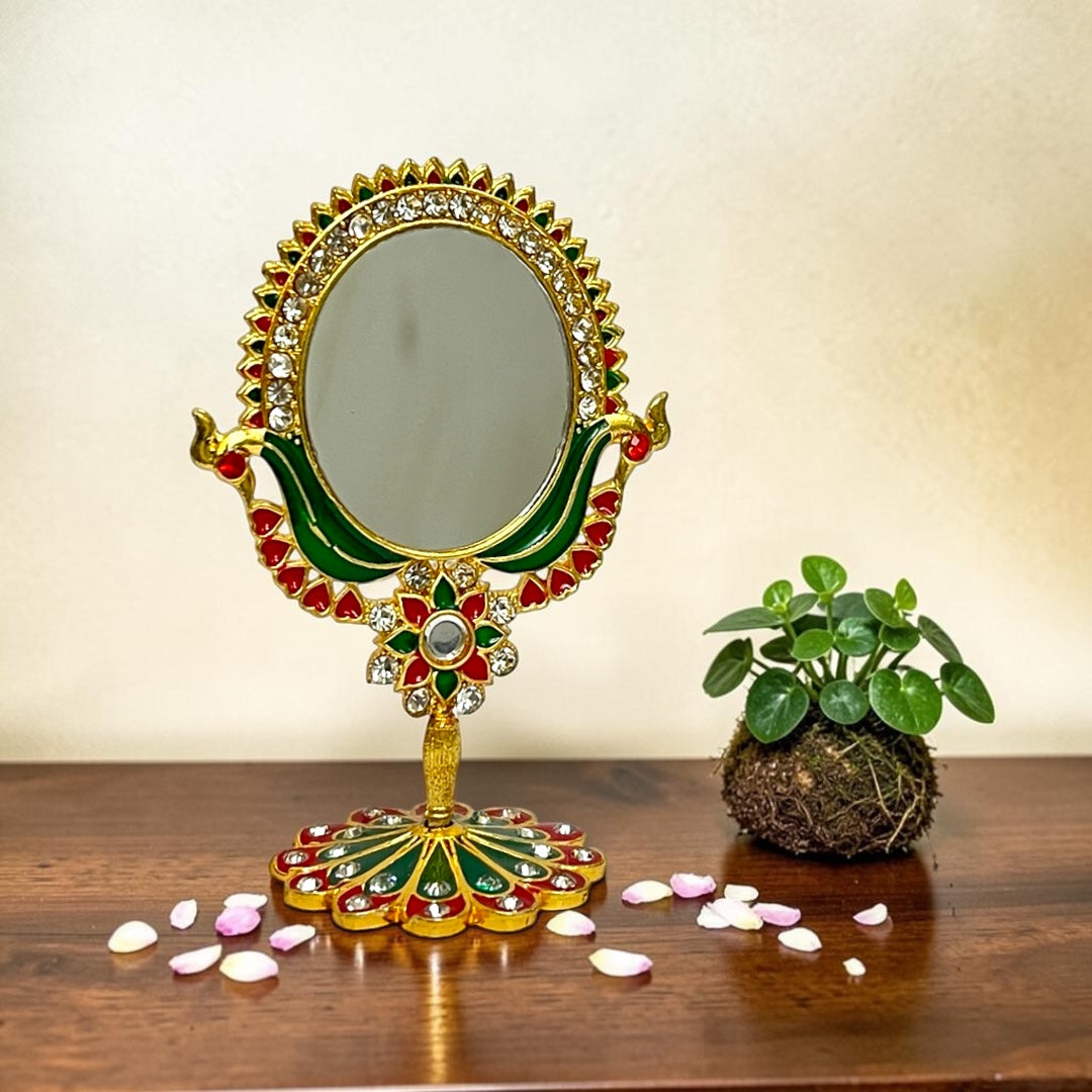 Shri Poshak Premium 2.5" Handcrafted Golden Meenakari Mirror for Laddu Gopal & Pooja Mandir (Model: SP-619)