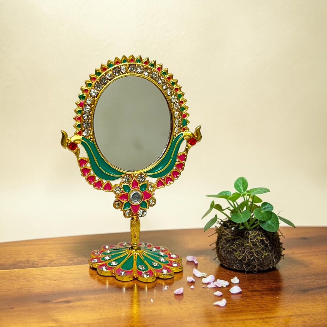 Shri Poshak Premium 2.5" Handcrafted Golden Meenakari Mirror for Laddu Gopal & Pooja Mandir (Model: SP-619)