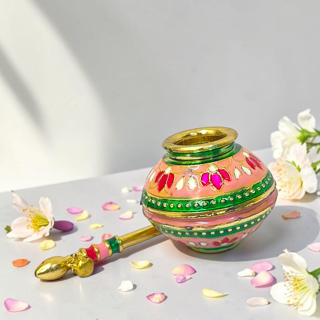 Janmashtami Special Makhan Handi (SPC-608) Meenakari Laddu Gopal Matki with Makkhan Churner Stick & Ghungroo
