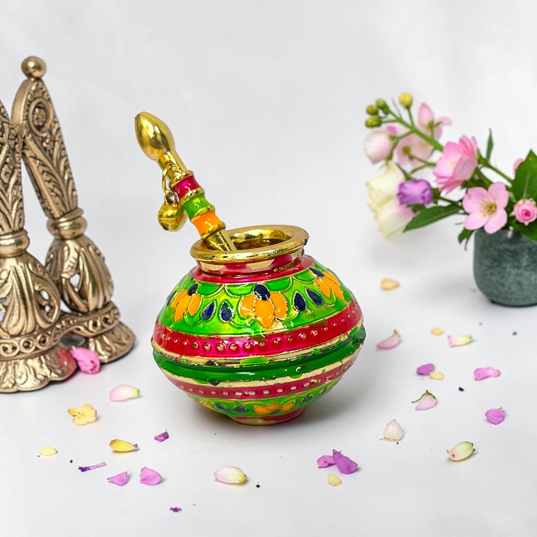 Janmashtami Special Makhan Handi (SPC-608) Meenakari Laddu Gopal Matki with Makkhan Churner Stick & Ghungroo
