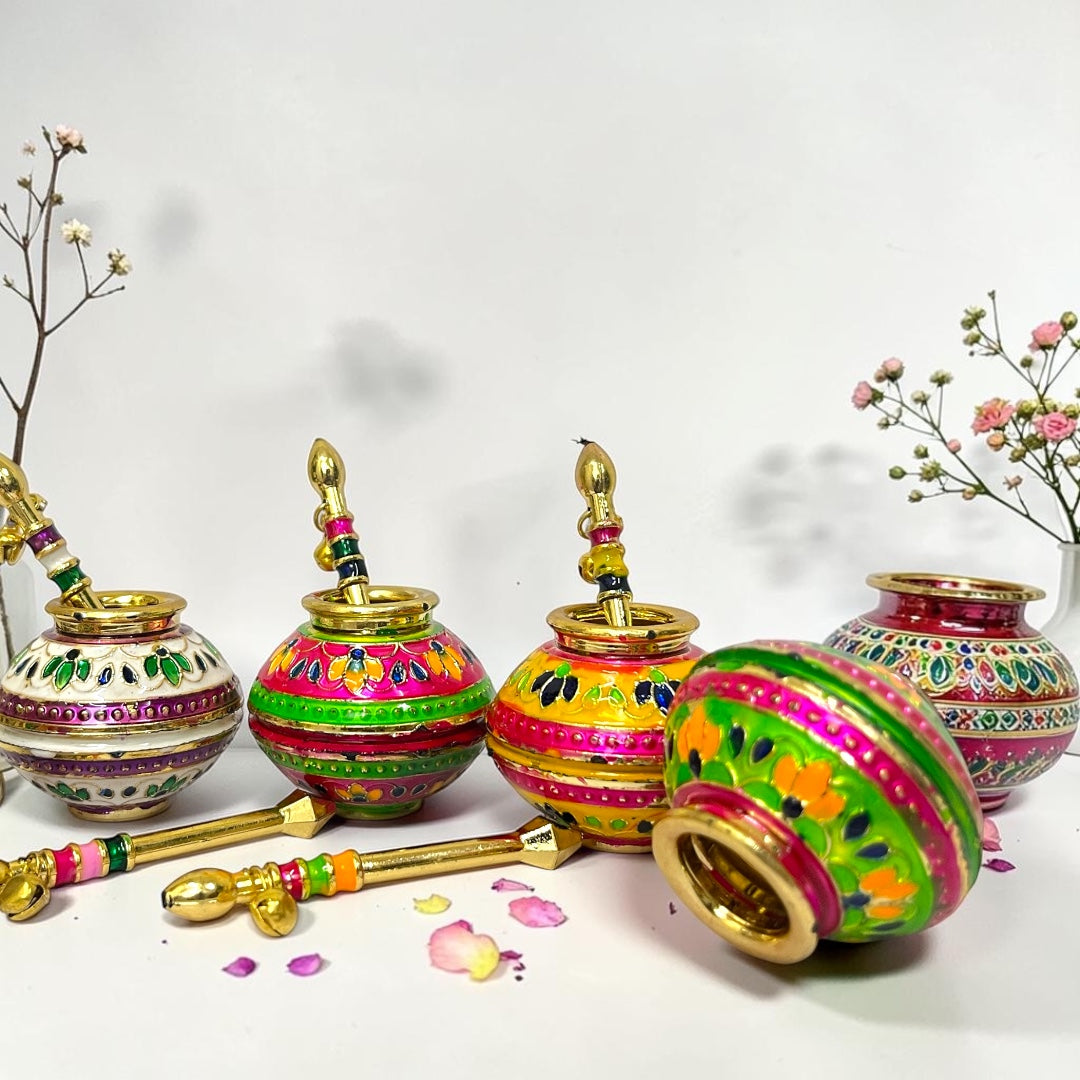 Janmashtami Special Makhan Handi (SPC-608) Meenakari Laddu Gopal Matki with Makkhan Churner Stick & Ghungroo