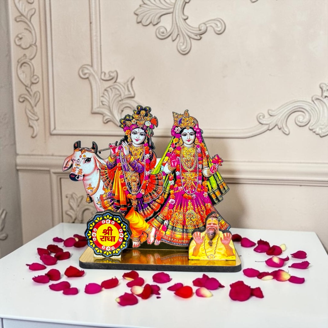 Radha Krishna with Cow & Shri Radha Premanand Ji Maharaj Freestanding Devotional Plaque