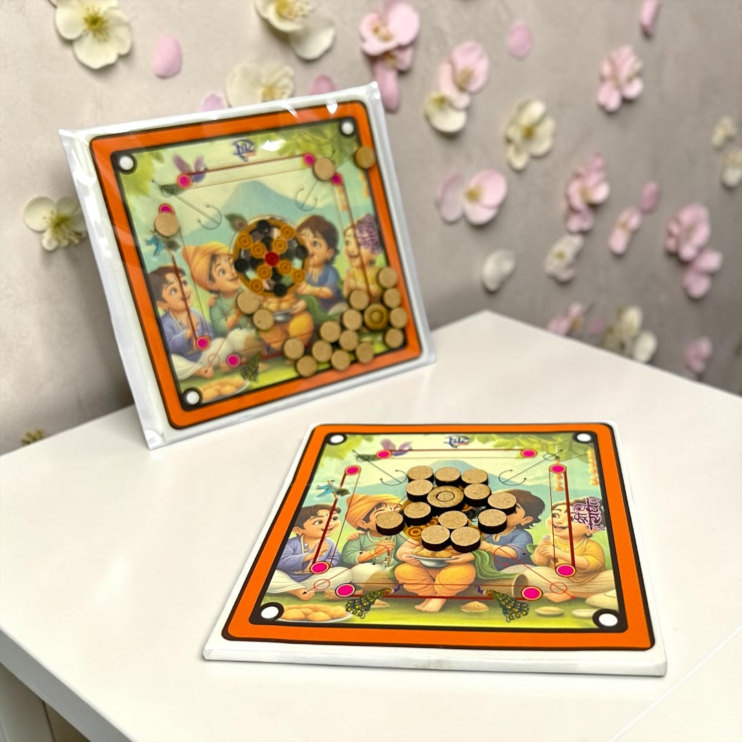 Premium Laddu Gopal Ji Carrom Board Game 2*2 Inch | Miniature Divine Leela Carrom Toy with Wooden Coins - Shri Poshak