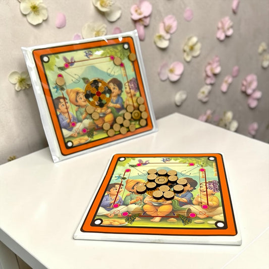 Premium Laddu Gopal Ji Carrom Board Game 2*2 Inch | Miniature Divine Leela Carrom Toy with Wooden Coins - Shri Poshak