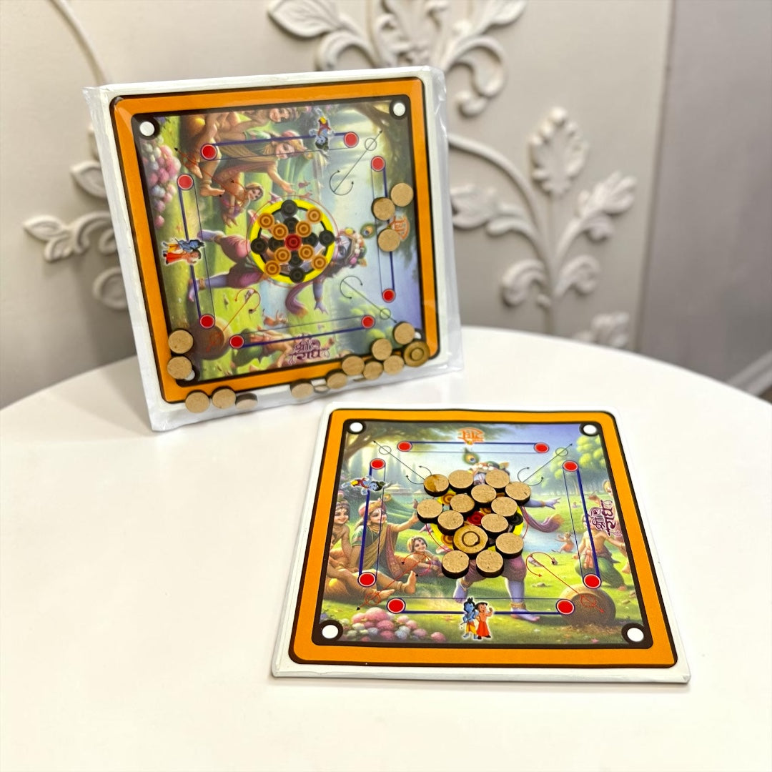 Premium Laddu Gopal Ji Carrom Board Game 2*2 Inch | Miniature Divine Leela Carrom Toy with Wooden Coins - Shri Poshak