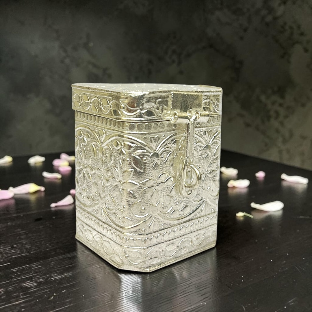 Shri Poshak Premium 3" Silver Plated Kanastar Box with Intricate Carving for Mandir & Luxury Gifting (Model: SP-623)