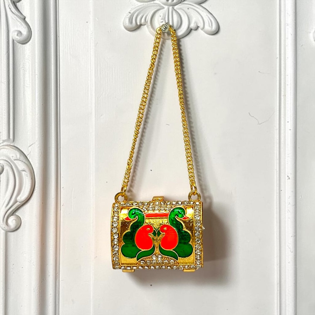 Shri Poshak Royal Peacock Gold-Plated Metal Purse (SPC-603) for Divine Goddess Idol – Stone-Studded Designer Shringaar Accessory with Long Chain