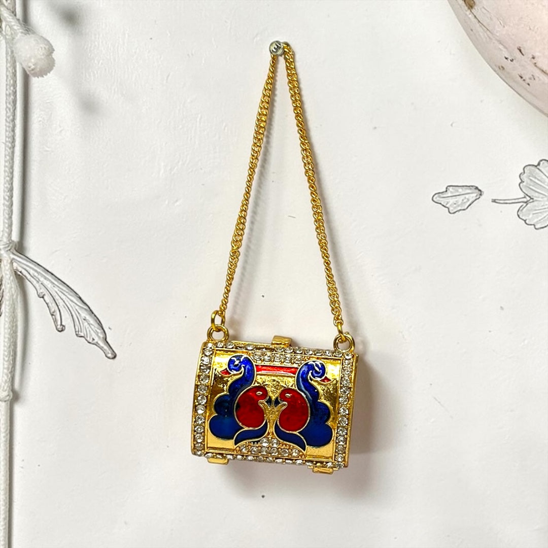 Shri Poshak Royal Peacock Gold-Plated Metal Purse (SPC-603) for Divine Goddess Idol – Stone-Studded Designer Shringaar Accessory with Long Chain