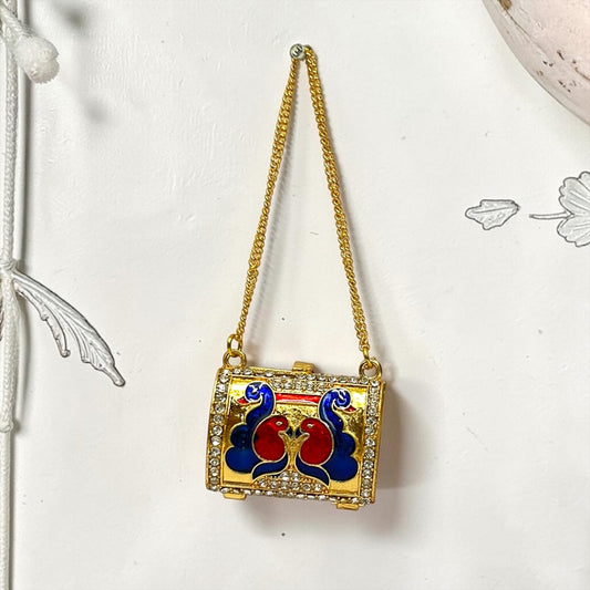 Shri Poshak Royal Peacock Gold-Plated Metal Purse (SPC-603) for Divine Goddess Idol – Stone-Studded Designer Shringaar Accessory with Long Chain