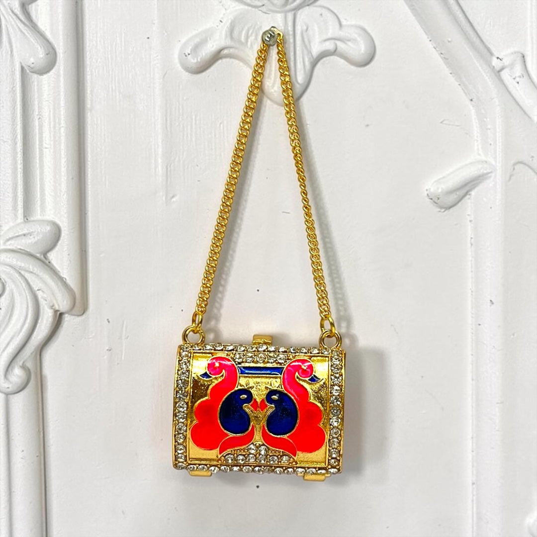 Shri Poshak Royal Peacock Gold-Plated Metal Purse (SPC-603) for Divine Goddess Idol – Stone-Studded Designer Shringaar Accessory with Long Chain